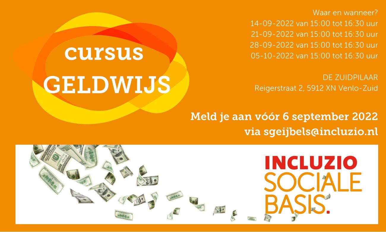 Oranje brochure van cursus Geldwijs met data en tijden