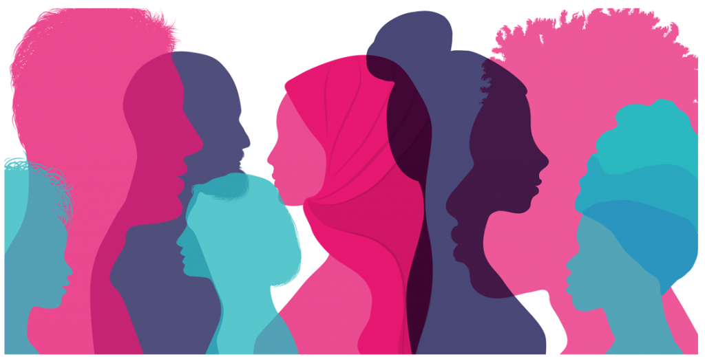 Illustratie van verschillende mensen die en profiel staan, in verschillende kleuren.